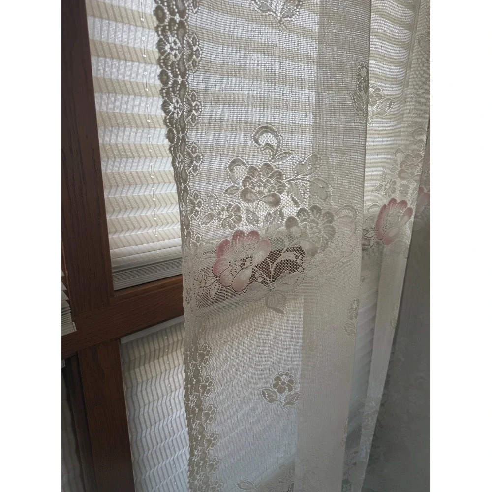 Vintage Ivory Lace Sheer Window Curtain Panel Pink Floral Cottage Shabby Chic (2